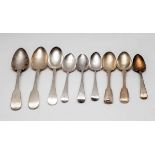 Nine silver spoons, various makers and dates, 19th Century, all with crested handles,