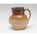 A 19th Century stoneware hunting jug, with a silver plated rim,