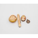 A 9ct rose gold cased penknife, a circular shell cameo brooch framed in 9ct gold, 44mm diameter,