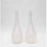 A large pair of tear-shaped opaline glass vases, blown with opaque vertical stripes,