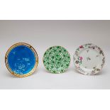A Minton Limoges enamel style turquoise ground cabinet plate and two Spode pottery plates,