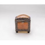 An agate and white metal mounted box, domed lid with glass pane to base, 8.5cm wide, 8.