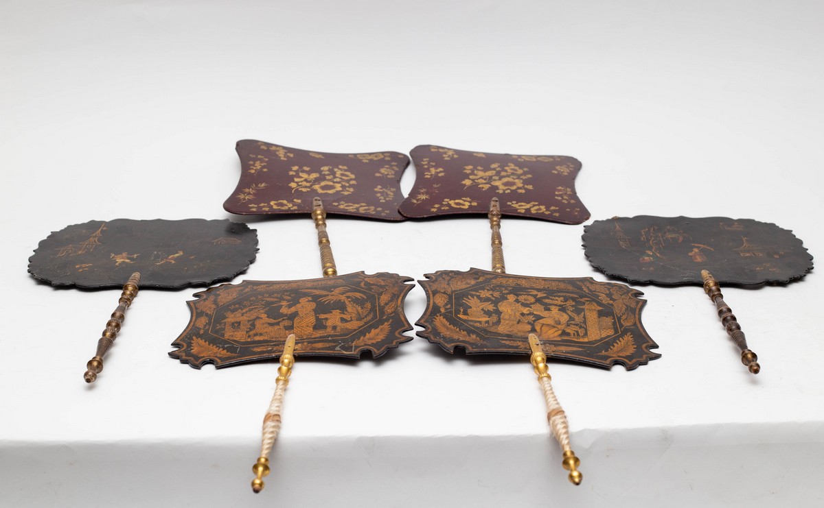 Three pairs of papier-mâché fans, one pair with pen work Chinoiserie decoration,