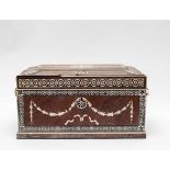 A mid 19th Century satinwood and Kingwood work box inlaid ivory hare bells, foliage etc,