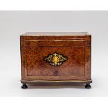A Victorian burr wood cigar humidor, serpentine fronted with brass inlay,