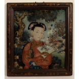 Two Chinese export reverse painted glass mirrors, one depicting a woman tending a cow, 42cm x 34.