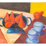Derek Melville (born 1965)/Still Life with Fruit and Teacups/gallery label for Charles Gilmore,