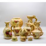 Twelve pieces of Royal Worcester blush ivory porcelain including a jug with a gilt branch handle,