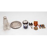 A Bilston enamel box, three miniature medals, a silver coloured dish, two glass vases,