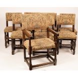 A matched set of 17th Century and later dining chairs, with upholstered backs and seats,