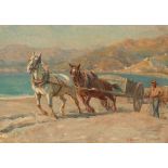 William Frank Calderon (1865-1943)/Horses Pulling a Cart/in a Mediterranean coastal landscape/oil