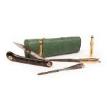 A George III shagreen cased etui, of tapering form with gold mounts, containing scissors, tweezers,