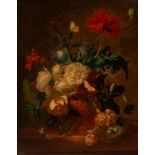 Follower of Paul Theodor van Brussel/Still Life of Flowers/in an ornate vase on a ledge/oil on