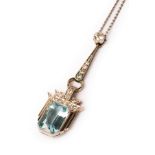An Art Deco aquamarine and diamond pendant necklace,