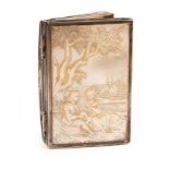 A 19th Century mother-of-pearl box, the cover carved with a young couple beneath a tree,