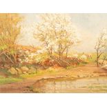 Donald Henry Floyd (1892-1965)/Sheep and Trees/in blossom by the water's edge/oil on canvas,