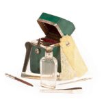 A George III shagreen cased etui, of cutlery box form, containing scent bottle, folding knife,