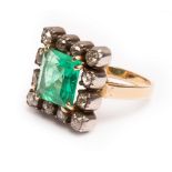 A 19th Century emerald and diamond square cluster ring, the square cut emerald approximately 9.