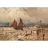 Gustave de Breanski/Fishing Boats in Stormy Seas off Harbour Wall/signed/oil on canvas, 20.