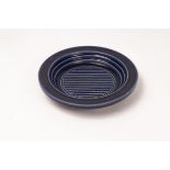 Wilhelm Kage Verkstad pottery dish, blue glaze with ridged detail, 15.