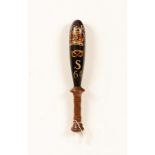 An unusual Victorian turned wood and painted rounded bullet-shaped truncheon,