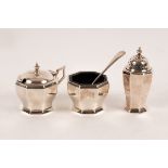 A three piece silver cruet set, William Neale & son, Birmingham 1935 and 1934,