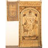An applique wall hanging of an Egyptian scene on canvas, framed by a border of Hieroglyphs,