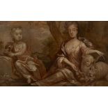 Circle of Mary Beale/Woman with Lamb and Girl with Dog/both seated in a landscape/oil on paper,