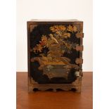 A Japanese black and gold lacquer cabinet, with engraved brass mounts,