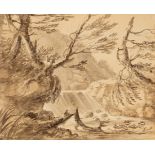 English School, 19th Century/Hilly Landscape with Waterfall/charcoal highlighted in white,