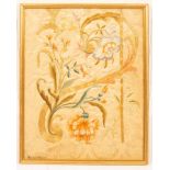A damask panel embroidered with flowers and a golden thread, framed,