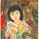 MOZ/Portrait of a Girl/half-length, wearing a colourful dress/signed/oil on board, 56.5cm x 56.