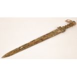 A bronze sword, possibly Chinese, with a pierced handle and engraved decoration, eyes to hilt,