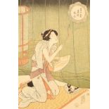 A Japanese woodblock of a lady kneeling with netting holding a flame near an insect,