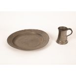 A large pewter charger, 49cm diameter and a pewter Quart measure, Wood & Sons, Glasgow,
