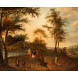 Follower of Peter Tillemans/Wooded Landscape/with horsemen and figures by a pond/oil on canvas, 34.