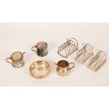 Three silver toast racks, two by Mappin & Webb, various dates, two silver mustard pots,