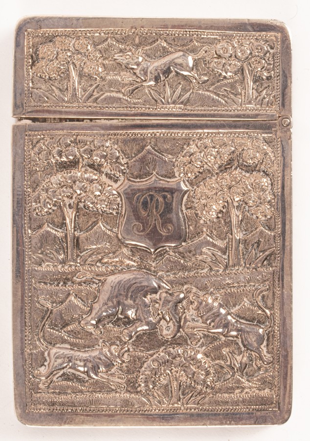 An Indian silver card case, late 19th Century, relief decoration with elephants, - Bild 2 aus 2