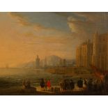Follower of Abraham Storck/Mediterranean Harbour Scene/with figures in the foreground and a town