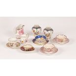 A group of decorative porcelain comprising two pink lustre teacups and saucers and jug,