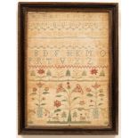 A needlework sampler embroidered with verses, numbers, alphabet and stylised flowers,