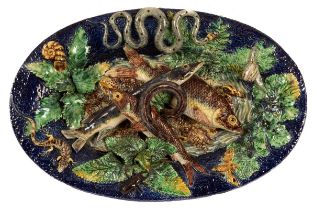 A French majolica Palissy style trompe-l'oeil oval dish, late 19th Century,