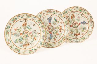 Three Chinese plates, 19th Century, decorated with figures, birds and blossom,