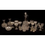 A suite of 20th Century glassware decorated with flat diamond-point cutting, comprising a decanter,