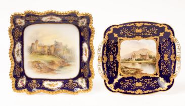 A Royal Worcester square dessert dish painted with a titled view of Chepstow Castle by John Stinton,