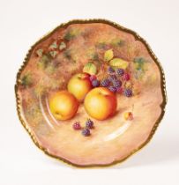 A Royal Worcester cabinet plate painted by Freeman, with apple and blackberries, gilt gadrooned rim,