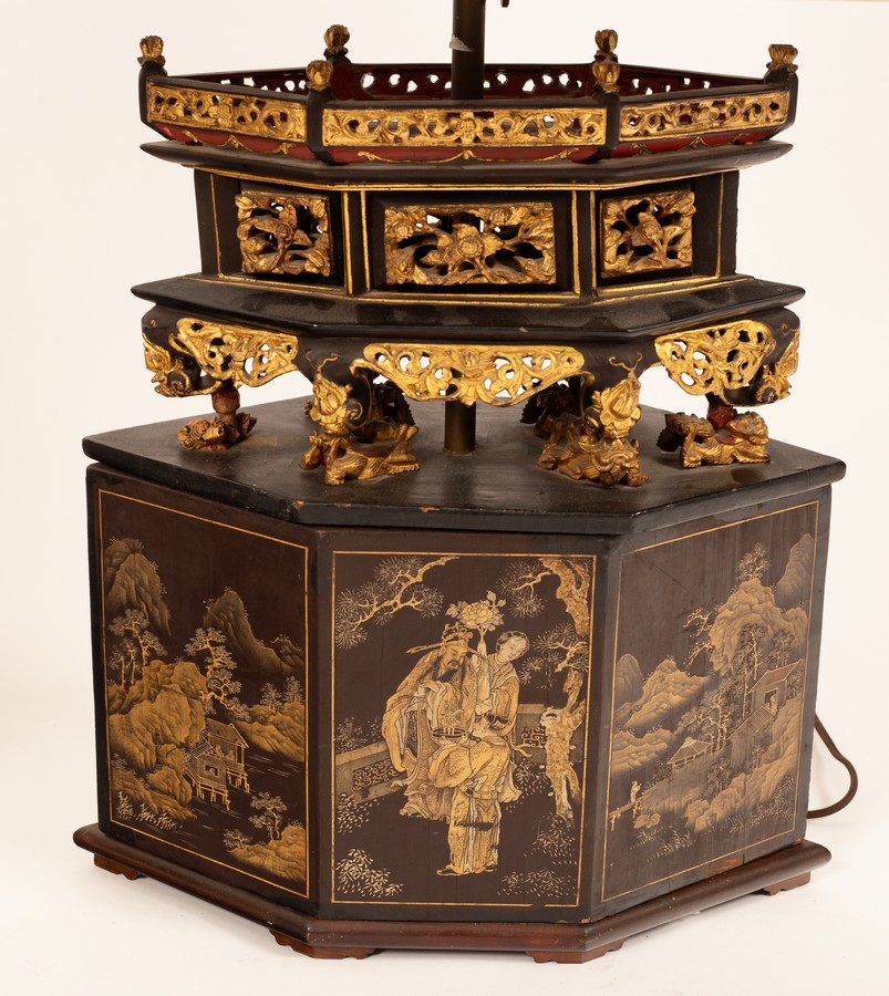 Two Chinese carved and lacquered lamp bases with cream shaped shades, - Image 3 of 13