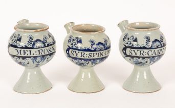 Three Delftware blue and white wet drug jars, possibly London, circa 1740-60,