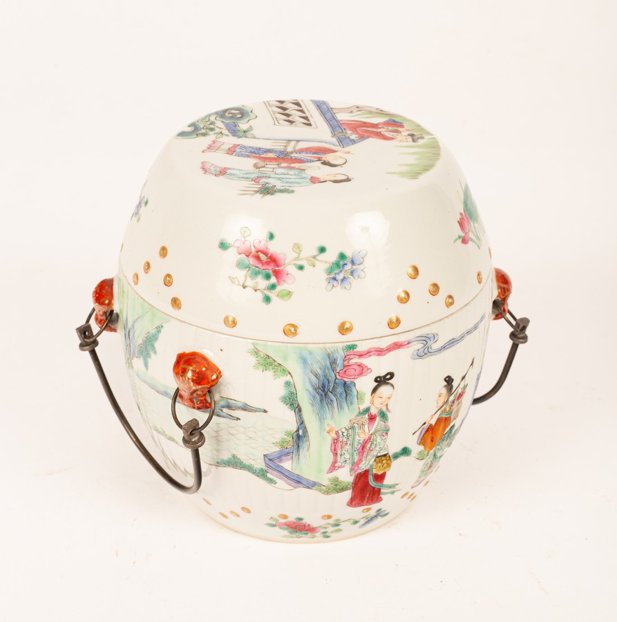 A Chinese famille rose porcelain wine warmer, 20th Century, of a drum form, - Image 2 of 8