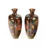 Pair Japanese cloisonne vases, brown ground decorated with fans,